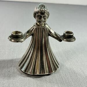 Vintage Pewter Child Angel Double Chamberstick Candle Holder Figurine 3 Inch